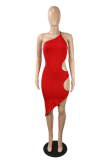 Red Sexy Solid Hollowed Out One Shoulder Pencil Skirt Dresses