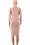 Pink Fashion Casual Solid Slit Turndown Collar Long Sleeve Dresses