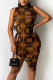Brownness Sexy Print Patchwork Frenulum Asymmetrical O Neck Irregular Dress Dresses