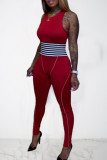 Red Casual Solid Split Joint O Neck Skinny Jumpsuits