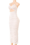 Blue Sexy Solid Hollowed Out Patchwork Fold Halter Pencil Skirt Dresses