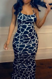 Deep Blue Fashion Sexy Print Backless Spaghetti Strap Long Dress Dresses