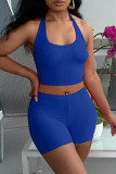Cyan Sexy Casual Solid Bandage Backless Halter Sleeveless Two Pieces