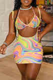 Colour Sexy Print Hollowed Out Backless Strap Design Spaghetti Strap Sleeveless Two Pieces