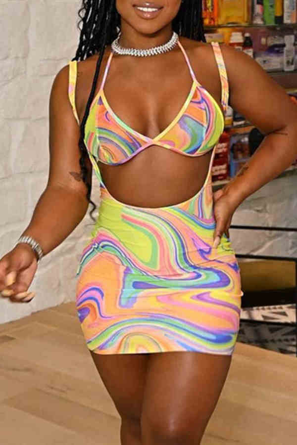 Colour Sexy Print Hollowed Out Backless Strap Design Spaghetti Strap Sleeveless Two Pieces