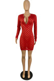 Red Fashion Sexy Solid Hollowed Out See-through V Neck Long Sleeve Dresses