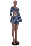 Black Fashion Sexy Print Bandage V Neck Long Sleeve Two Pieces