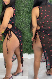 Red Sexy Print Bandage Patchwork See-through Half A Turtleneck Straight Dresses