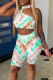 Cyan Casual Print Hollowed Out Patchwork O Neck Sleeveless Two Pieces