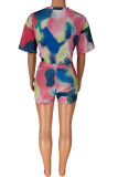 Multi-color Casual Print Patchwork Frenulum O Neck Short Sleeve Two Pieces