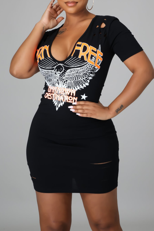 Black Sexy Print Ripped U Neck Pencil Skirt Dresses