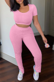Pink Casual Solid Patchwork O Neck Short Sleeve Two Pieces