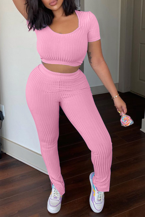 Pink Casual Solid Patchwork O Neck Short Sleeve Two Pieces