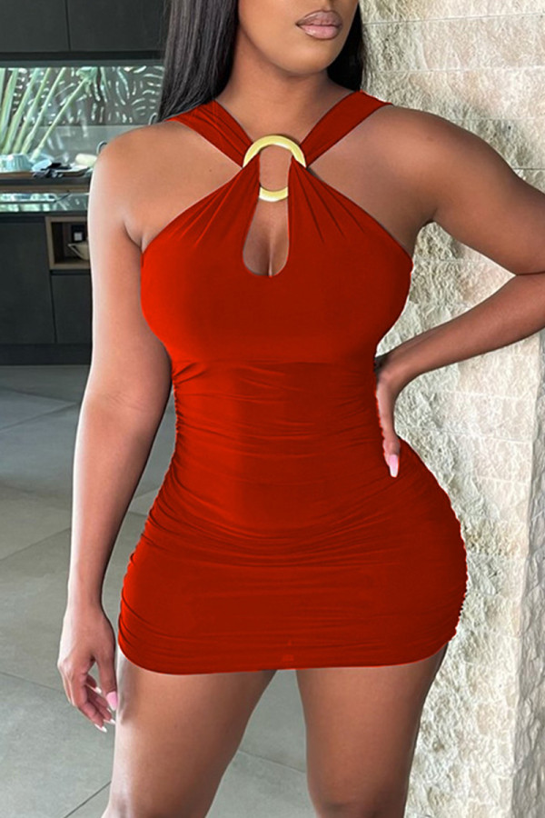 Red Fashion Sexy Solid Backless V Neck Sleeveless Dress