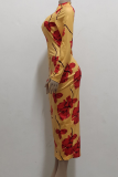 Yellow Sexy Print Patchwork V Neck Pencil Skirt Dresses