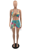 Green Sexy Street Print Patchwork Draw String Swimwears