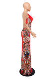 Red Sexy Print Patchwork Spaghetti Strap Straight Dresses
