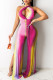 Rose Red Sexy Print Hollowed Out Patchwork Frenulum Cardigan Halter Straight Jumpsuits