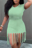 Light Green Casual Solid Tassel Patchwork O Neck Pencil Skirt Dresses