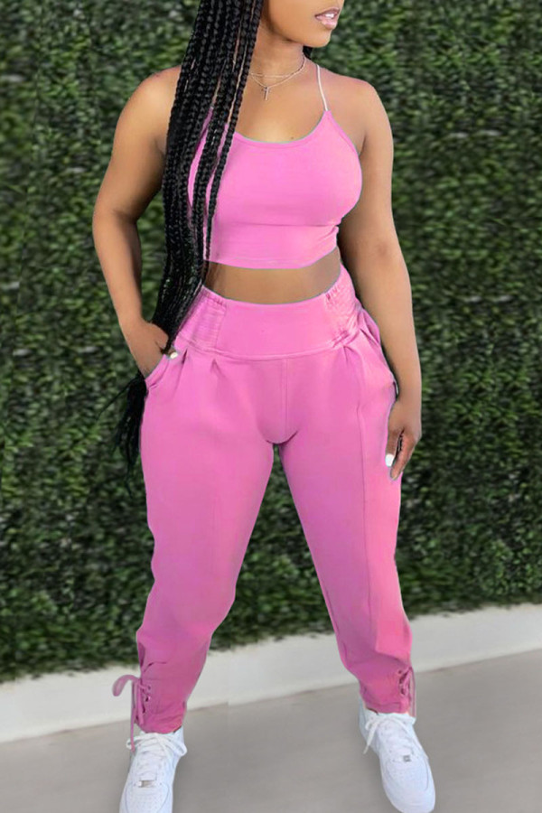 Pink Street Solid Patchwork Frenulum U Neck Sleeveless Two Pieces