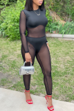 Black Sexy Solid Mesh O Neck Skinny Jumpsuits
