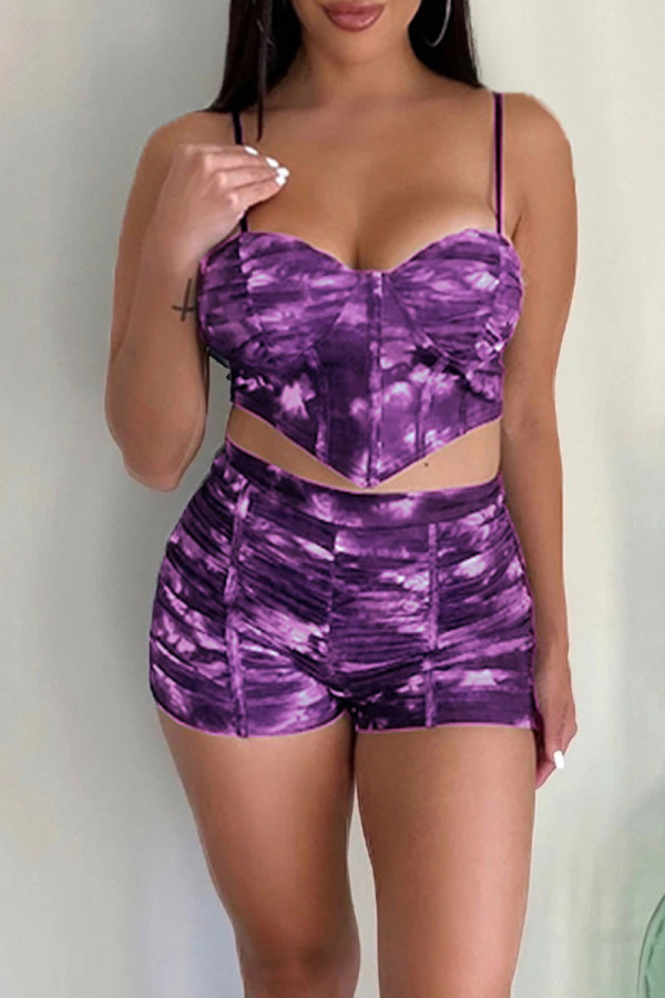 Purple Sexy Print Patchwork Asymmetrical Spaghetti Strap Sleeveless Two Pieces