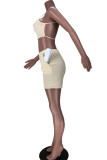 Light Yellow Sexy Casual Solid Backless Spaghetti Strap Sleeveless Two Pieces