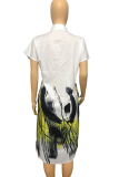 White Casual Print Patchwork Turndown Collar Shirt Dress Dresses