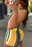 Yellow Sexy Casual Striped Print Backless O Neck Sleeveless Two Pieces