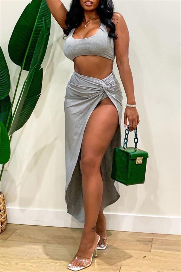 Grey Sexy Casual Solid Slit U Neck Sleeveless Two Pieces