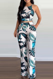 Blue Fashion Casual Print Vests Pants O Neck Sleeveless Two Pieces