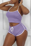 Blue Sexy Sportswear Solid Backless Halter Sleeveless Two Pieces