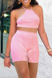 Pink Fashion Casual Solid Backless Halter Sleeveless Two Pieces