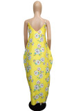 Yellow Sexy Casual Print Backless Spaghetti Strap Sleeveless Dress
