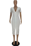 White Sexy Solid Buckle V Neck Pencil Skirt Dresses