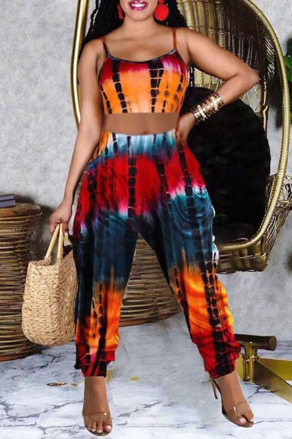 Colour Sexy Patchwork Tie-dye Spaghetti Strap Sleeveless Two Pieces