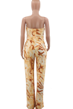 Brown Casual Print Patchwork Strapless Straight Jumpsuits