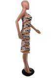 Khaki Fashion Sexy Print Backless Spaghetti Strap Sleeveless Dress