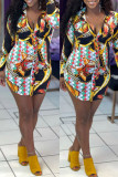 Black Fashion Casual Print Basic Turndown Collar Long Sleeve Dresses