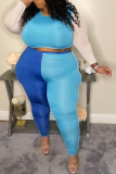 Blue Sexy Solid Patchwork O Neck Long Sleeve Two Pieces