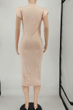 Apricot Sweet Solid Split Joint O Neck A Line Dresses