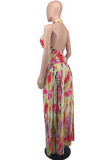 Red Yellow Fashion Sexy Print Backless Halter Sleeveless Two Pieces