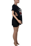 White Casual Print Patchwork High Opening O Neck Short Sleeve Two Pieces