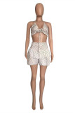 Pink Sexy Casual Dot Print Backless Halter Sleeveless Two Pieces Swimwear