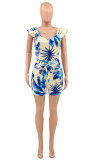Blue Sexy Print Patchwork V Neck Skinny Rompers
