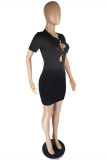 Black Sexy Casual Solid Hollowed Out O Neck Short Sleeve Dress