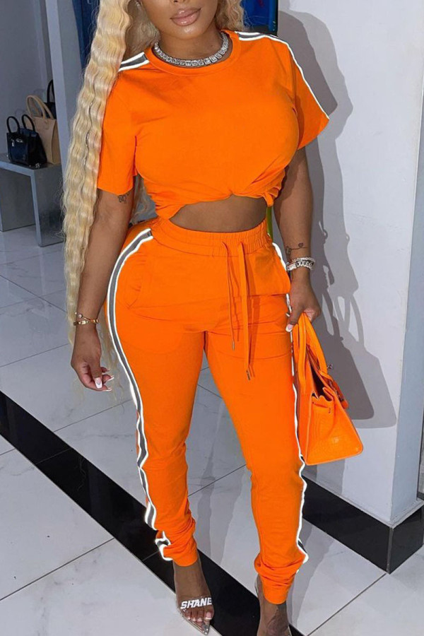 Tangerine Casual Solid Patchwork Pocket O Neck Short Sleeve Two Pieces