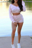 Pink Fashion Casual Solid Basic V Neck Long Sleeve Two Pieces