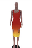 Red Fashion Sexy Gradual Change Print Ripped Square Collar Vest Dress