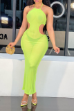 White Sexy Solid Mesh Halter Pencil Skirt Dresses